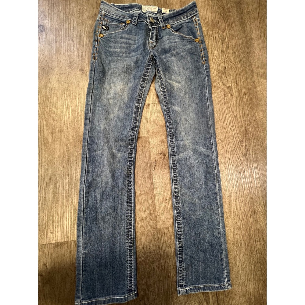 Mek Denim Plymouth Straight Leg Jeans Blue Medium Wash Embroidered Size 27x34
